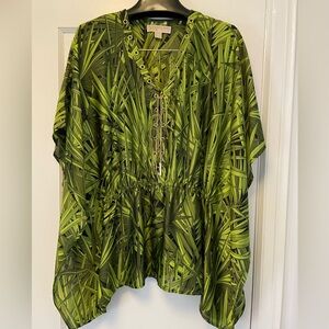 Michael Kors Green Leaf Print Tunic - Kaftan with Gold Eyelet Trim